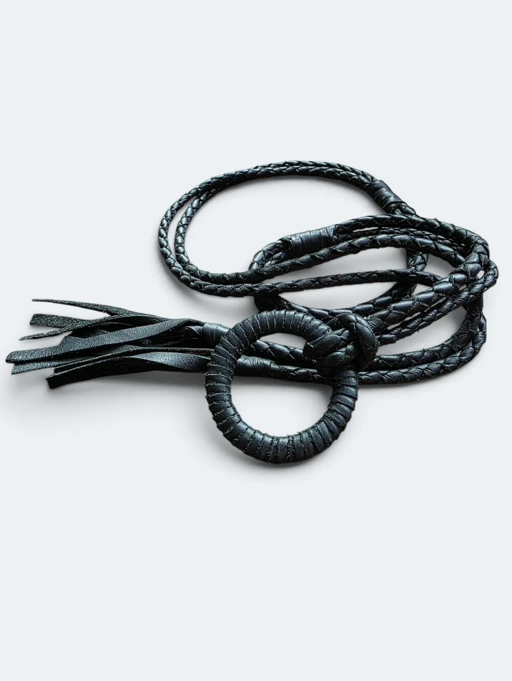Black Braided Leather Wrap Belt O-Ring Tassel Fringe Boho Western